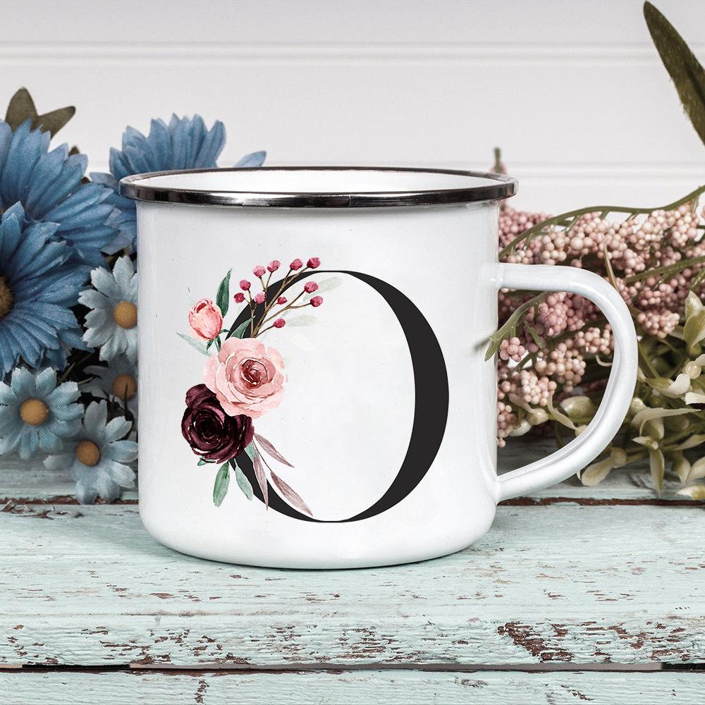 Alphabet Blumen A-Z Vintage Emaille Kaffee Tee Tassen Urlaub Camping Getränke Saft Bier Tassen Zuhause Büro Milch Tasse Geburtstagsgeschenke