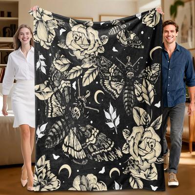 1 Piece Floral Moth Black and White Flannel Blanket, Soft, Suitable for Sofa, Bed, Office, All-season Use.
