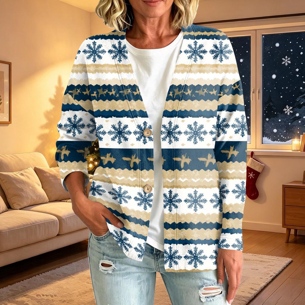 Damen Casual Knopfleistenjacke mit Weihnachtsdruck für festliche Feiertage