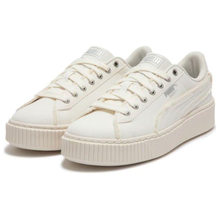 Puma Basket Platform Fringe Round Toe Lace-Up Low-Top Sneakers Women Sneakers Beige 399252-02