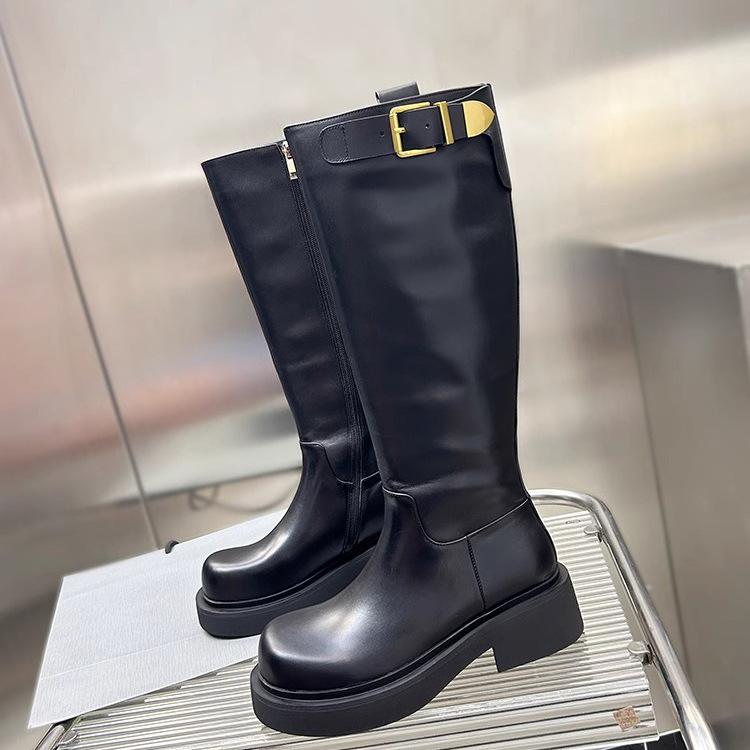 Sheepskin Version~ European Genuine Leather Boots, New Round Head Thick-soled Muffin-bottom Knight Boots, Belt Buckle High Boots