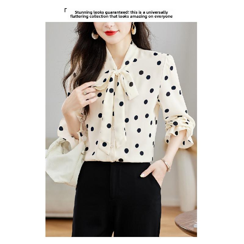 2026 Nuovo Top alla Moda ed Elegante per la Primavera, Camicia Versatile in Chiffon a Maniche Lunghe con Pois Neri