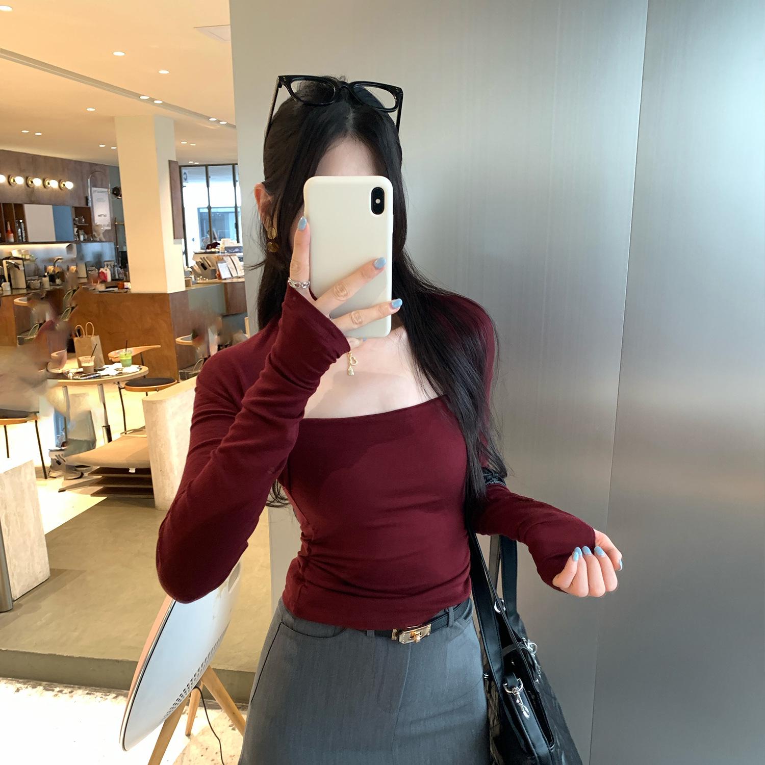 Women s European Tencel Wool Square Neck Long Sleeve Slim Fit Top - Autumn/Winter 2025 Large