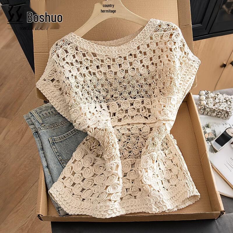 Women s Round Neck Hollow Knit Pullover Top One Size