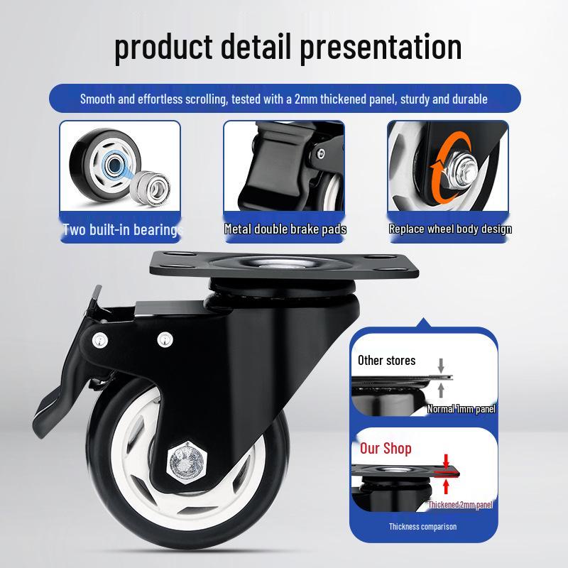 Black Heavy-Duty Swivel Casters with Brakes for Furniture, Cabinets & Industrial Use, Double Bearing Wheels