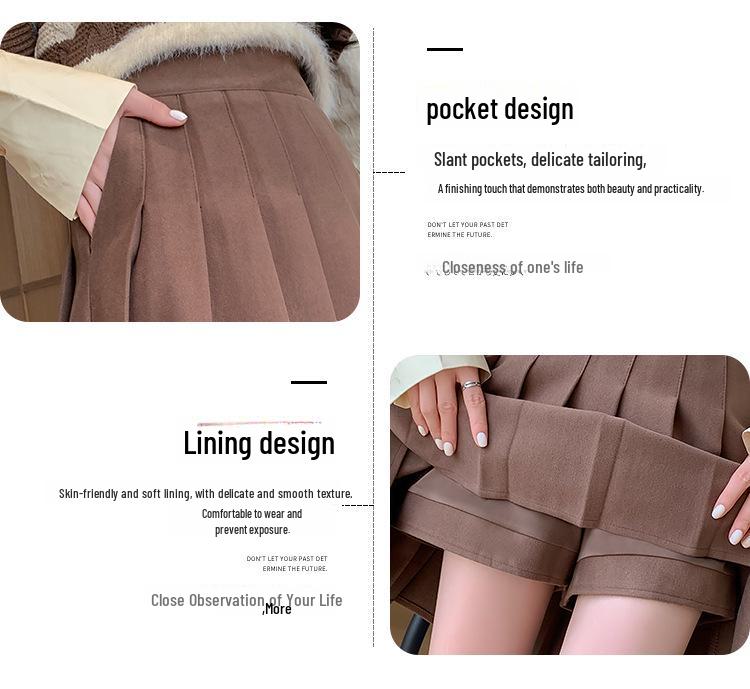 High-Waist Wool Pleated A-Line Skirt with Pockets - Slim Fit, Large Sizes for Autumn & Winter