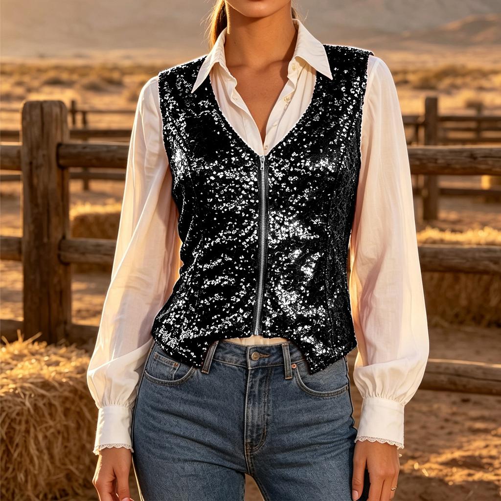 Women's Sequin V-Neck Zip-Up Vest, Sleeveless Cropped Party for Stage and Evening Wear