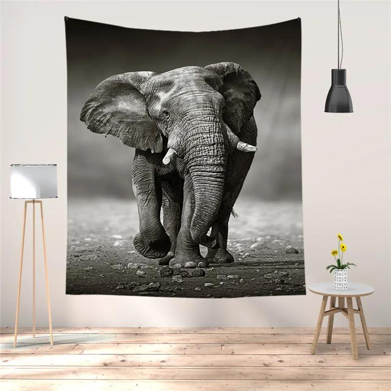 Black and White Elephant Print Pattern Tapestry Bohemian Style Wall Hanging Mandala Polyester Living Room Decoration Tapestry