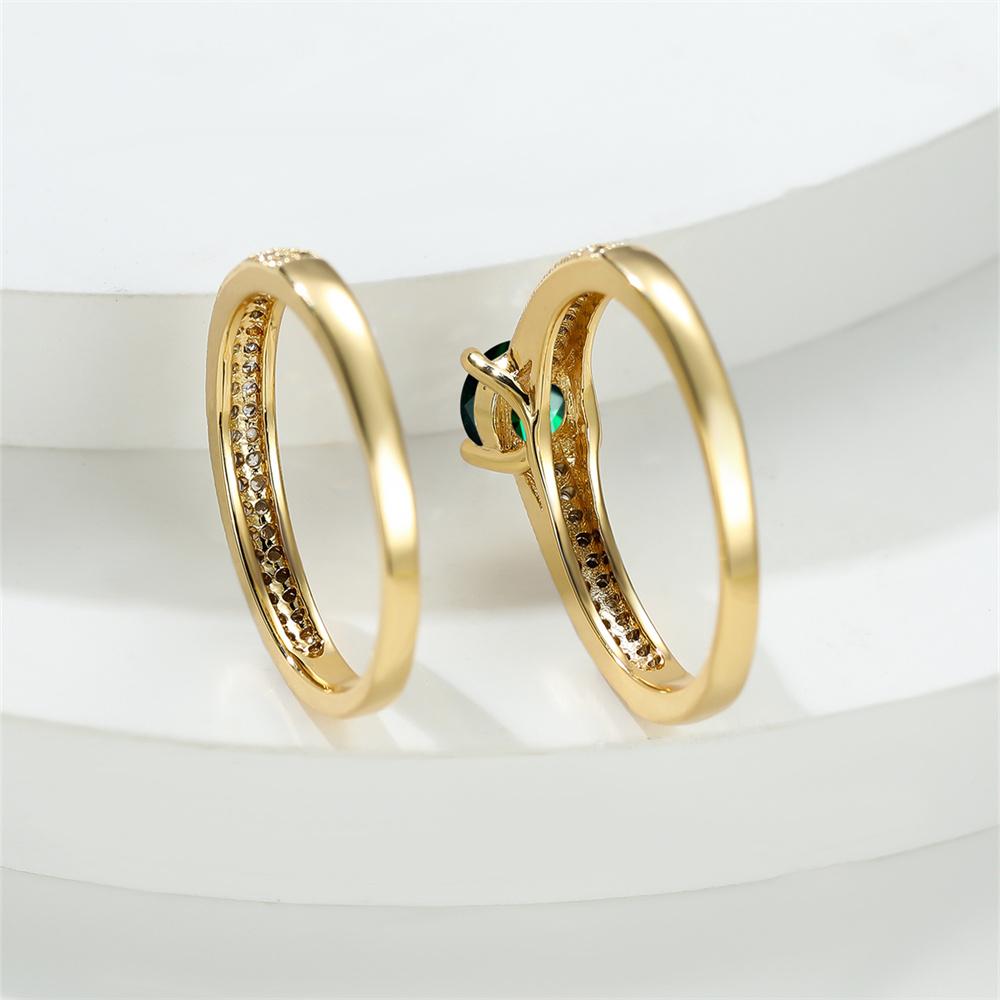Round Stone Green Zircon Ring Sets For Women 2pcs/Set Vintage Gold Color Engagement Bands Wedding Rings Versatile Jewelry Gifts