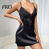 Robe de nuit en soie pour femme, Robe de nuit en satin pour femme, Décolleté en V sexy, Chemise de nuit en satin douce, Ensemble pyjama complet, Vêtement de nuit, Mini robe de nuit sans manches en dentelle transparente avec