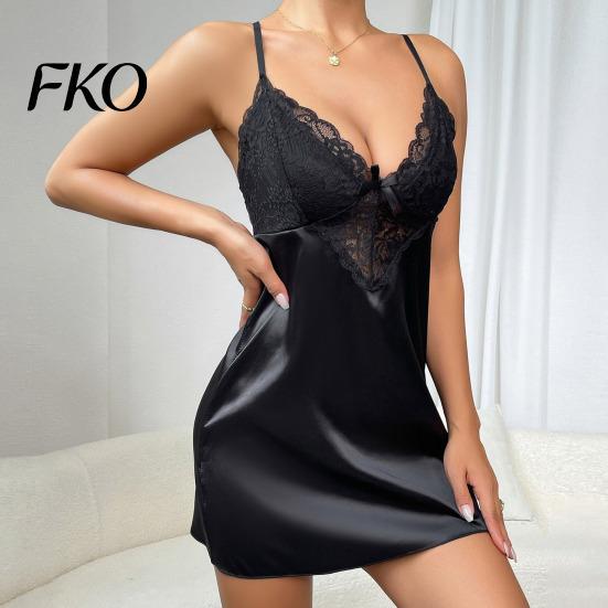 Robe de nuit en soie pour femme, Robe de nuit en satin pour femme, Décolleté en V sexy, Chemise de nuit en satin douce, Ensemble pyjama complet, Vêtement de nuit, Mini robe de nuit sans manches en dentelle transparente avec
