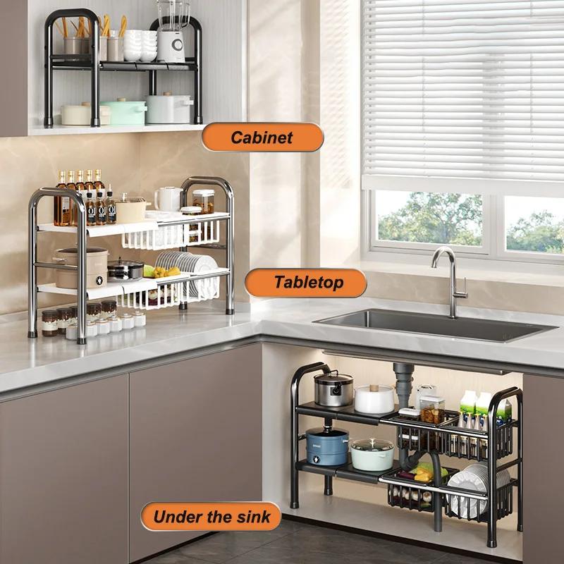 Kitchen Under Sink Adjustable Pot Rack Multifunctional Dish Pans Snacks Cookware Storage Rack Countertop Cabinet Storage Basket