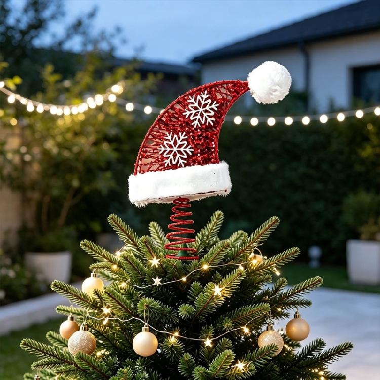Coil Base Christmas Tree Accent, Metal Santa Hat Decoration with Simple Placement, Red Shine, Two Winter Motifs, White Trim, and Ball Detail