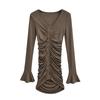 Women's V-Neck Flare Sleeve Slim Dress - Autumn/Winter Two-Way Pleated Short Skirt