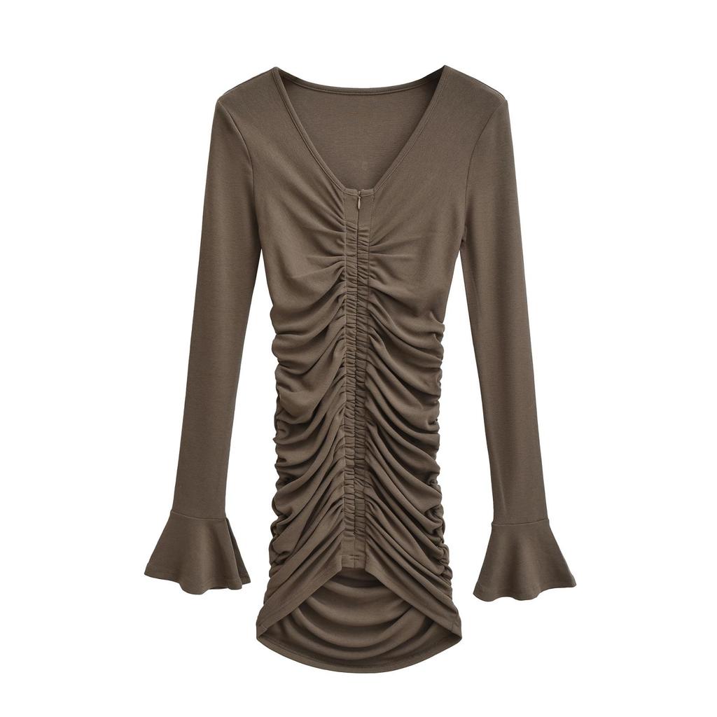 Women's V-Neck Flare Sleeve Slim Dress - Autumn/Winter Two-Way Pleated Short Skirt