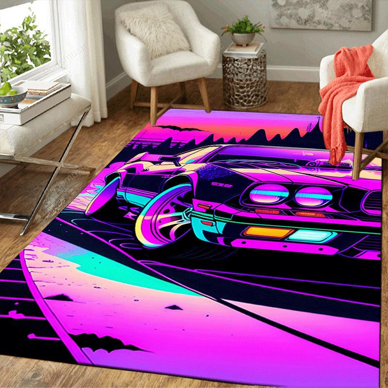 1pc Sunset Car Print Design Area Rug - Soft, Anti-Slip, and Durable Gaming Room Decor for Bedroom