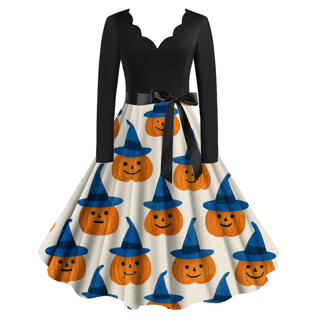 Halloween Print Flare Dress For Damer Langermet Kjole Fritidskjoler