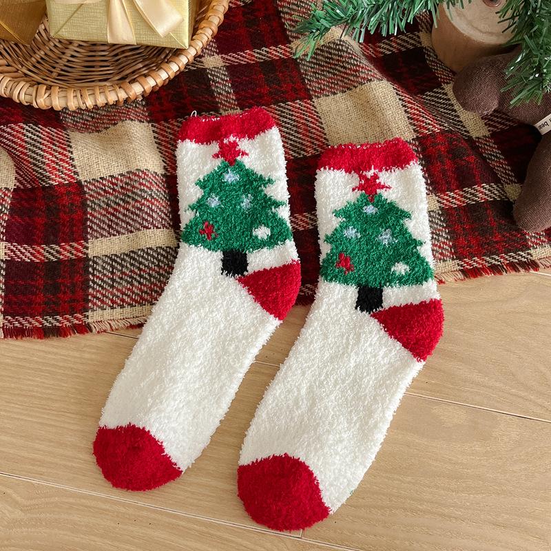 10Pair 24 Christmas Socks Women'S Coral Fleece Thickened Thermal Tube Socks Sleeping Socks Cartoon Half Fleece Floor Socks