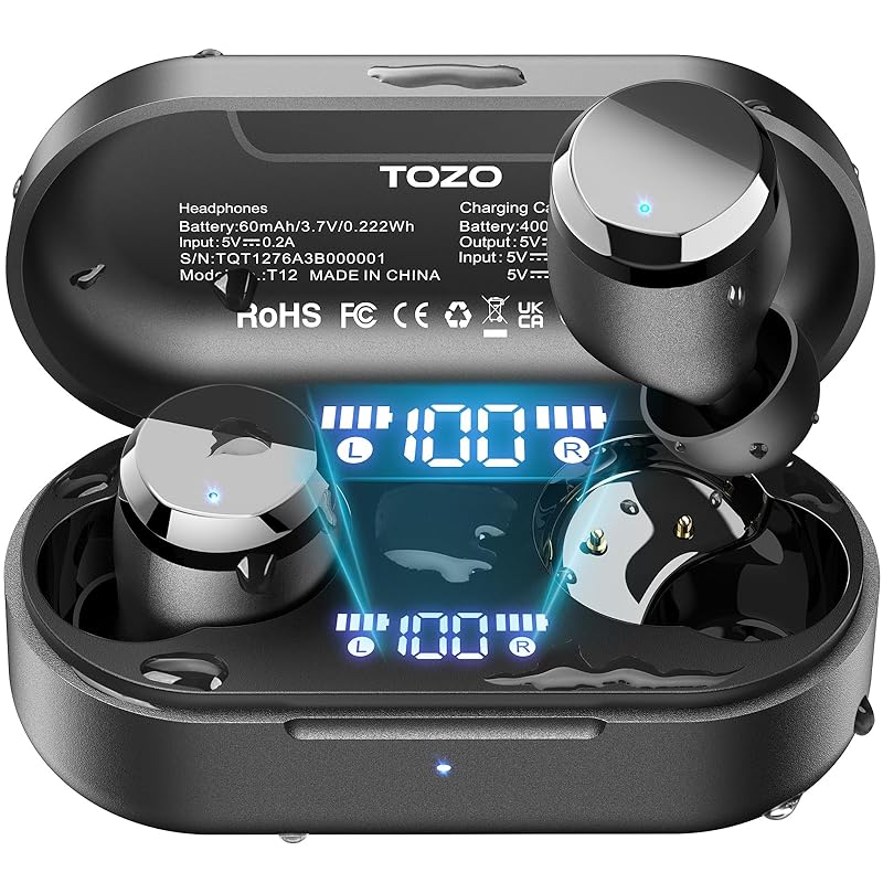 

TOZO T12 wireless earphones 2025 The ultimate sound experience Powerful and delicate sound LED display battery level indication IPX8 fully waterproof
