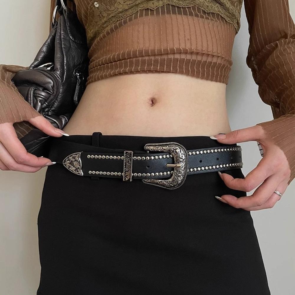 Y2k PU Leather Waistband Gothic Pin Buckle Belt Vintage Western Cowboy Belt