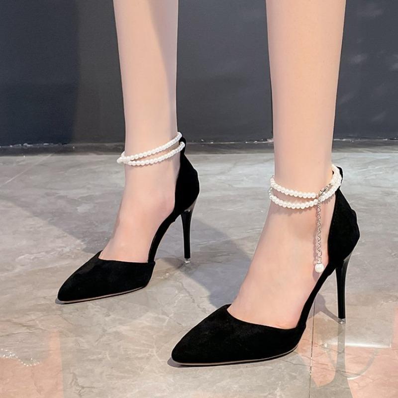 Pearl Baotou Heel Women's Shoes Spring Summer Ankle Strap Pointed Toe Pumps Sexy Professional Retro High Heels Female Shoes