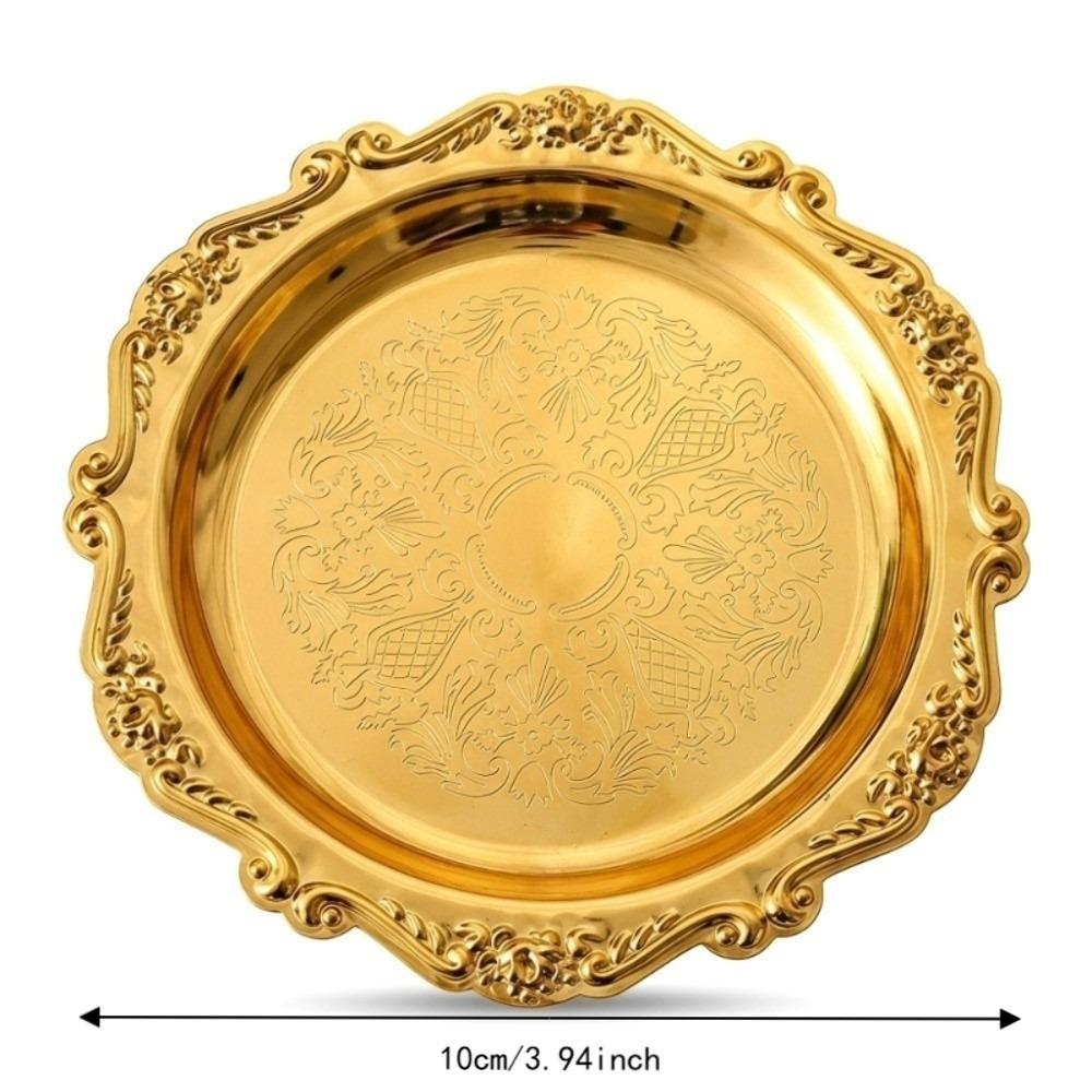 2pcs Golden Color Metal Serving Plate Carved Edge Round Food Tray For Holiday Party