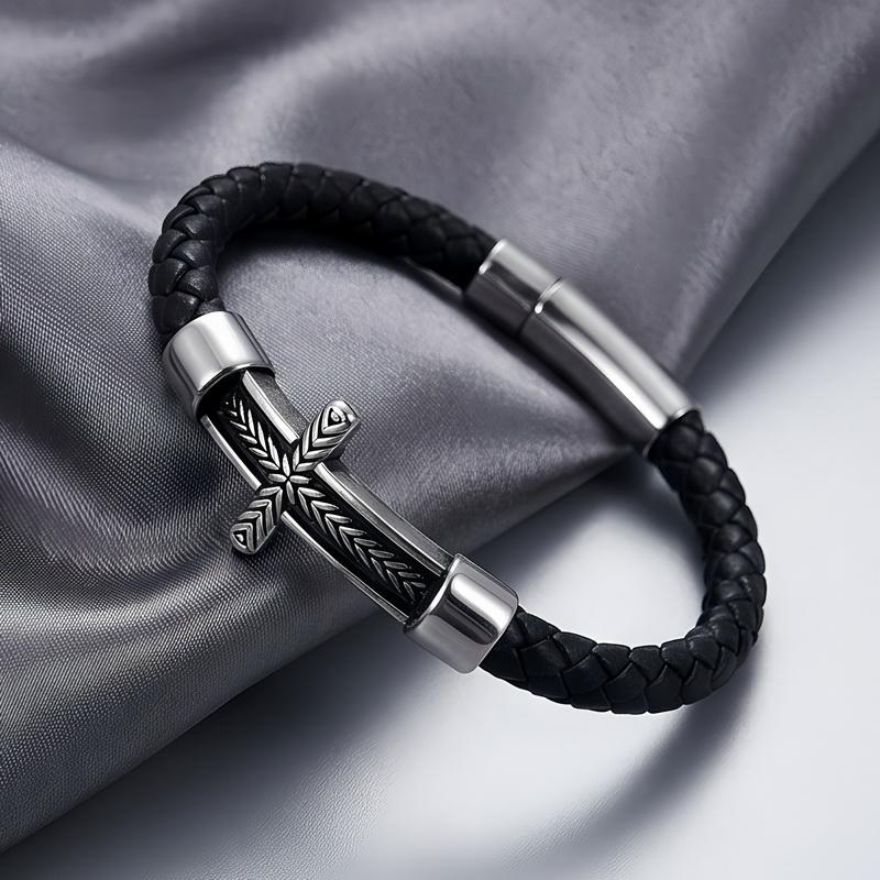 Mens Genuine Leather Bracelet Stainless Steel Wheat Cross Charm Braided Leather Bracelets Religious Christian Jewelry for Men