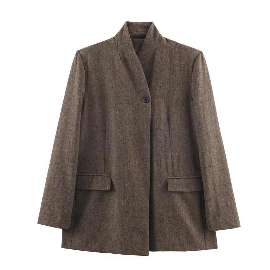 Autumn New European and American Style Blended Herringbone Twill Blazer Top