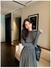 Elegant French Black Knit Long-Sleeve Dress for Women - Early Autumn, Waist-Cinching, Perfect Inner Wear or Base Layer Skirt