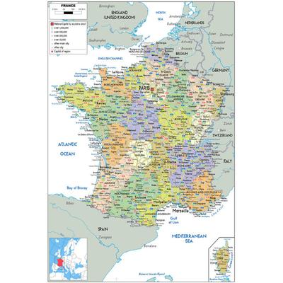 Administrative Map-English-France Map,Art Poster for Home,Classroom,Indoor/Outdoor,Educational Poster,Travel Tool,Unframed