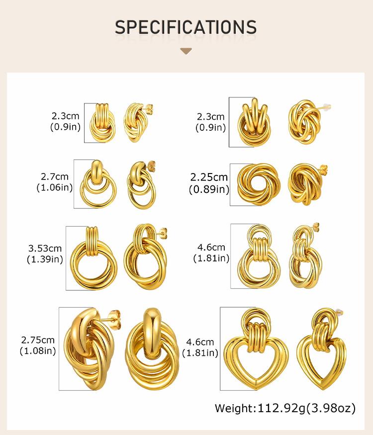 Chunky 18K Gold Plated Twist Knot Stud Earrings for Women, Geometric Textured Stainless Steel Waterproof Vintage Jewelry