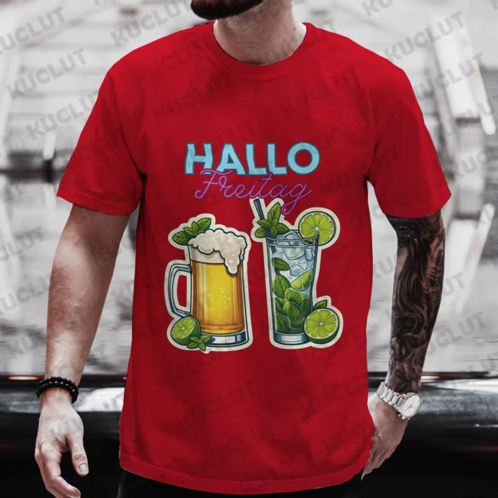 T Shirt for Men HELLO FRIDAY Graphic Tops Y2k Clothes Beer Lover Drinking Day Party Tees Matching Outfit Oversized Streetwear