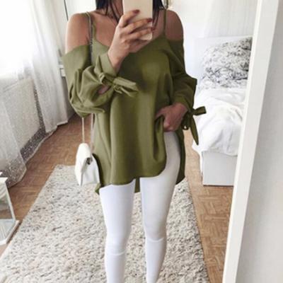 Μανίκι μεγάλου μεγέθους γυναικεία μπλούζα μακριά από ώμους Σέξι σφεντόνα με κόμπους μακρύ φαρδύ πουκάμισο