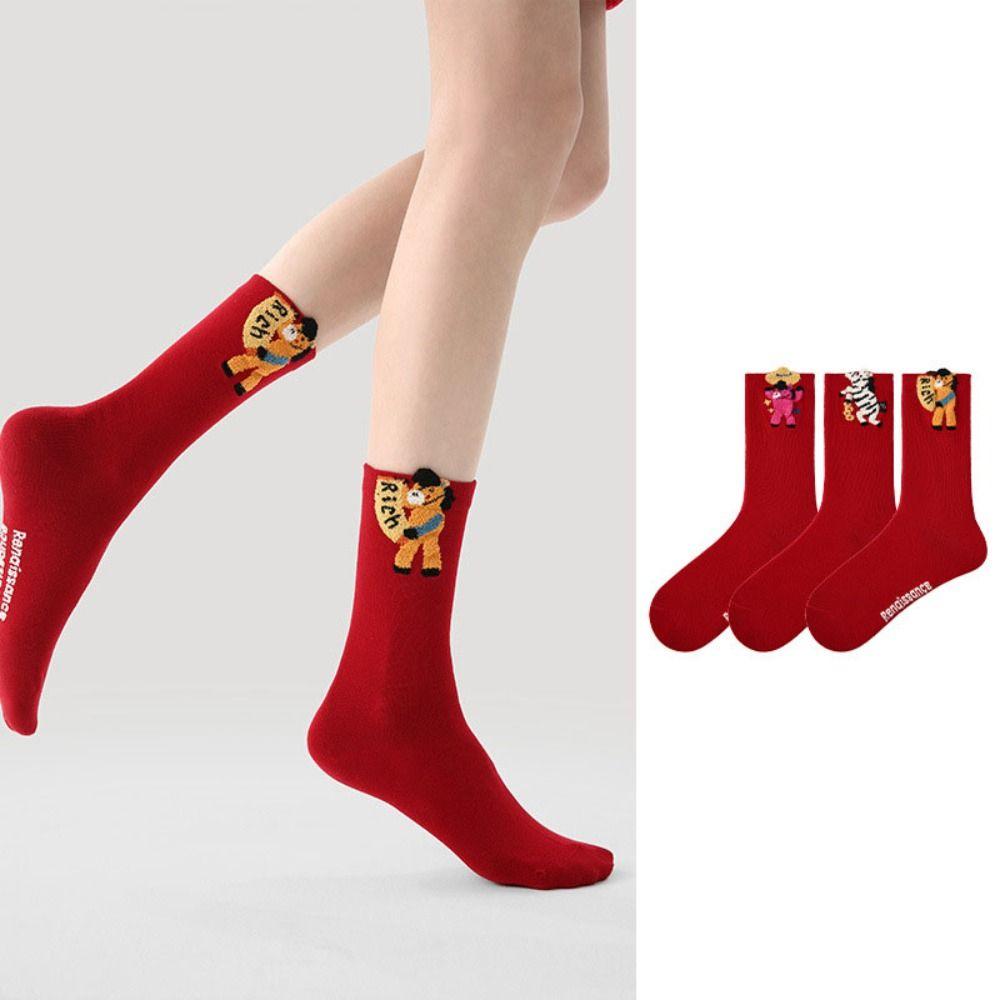 3Pairs Cartoon Year of The Horse Socks Mid Calf Red Cotton Socks Funny Zodiac Year Socks  Women