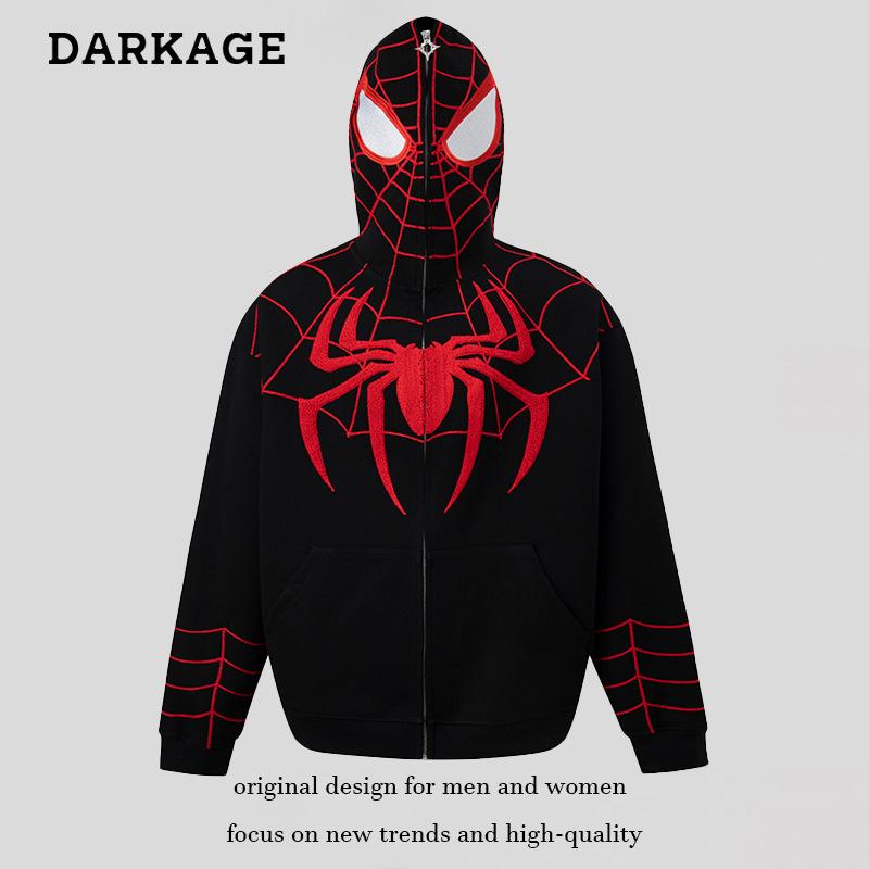 Spider-Man Bestickter Kapuzenpullover mit durchgehendem Reißverschluss – Unisex Partnerlook – Lockere Herbstjacke