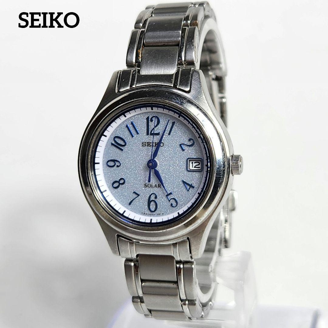 Used Seiko Solar Date Watch Blue Hands Arabic Numerals Working Item