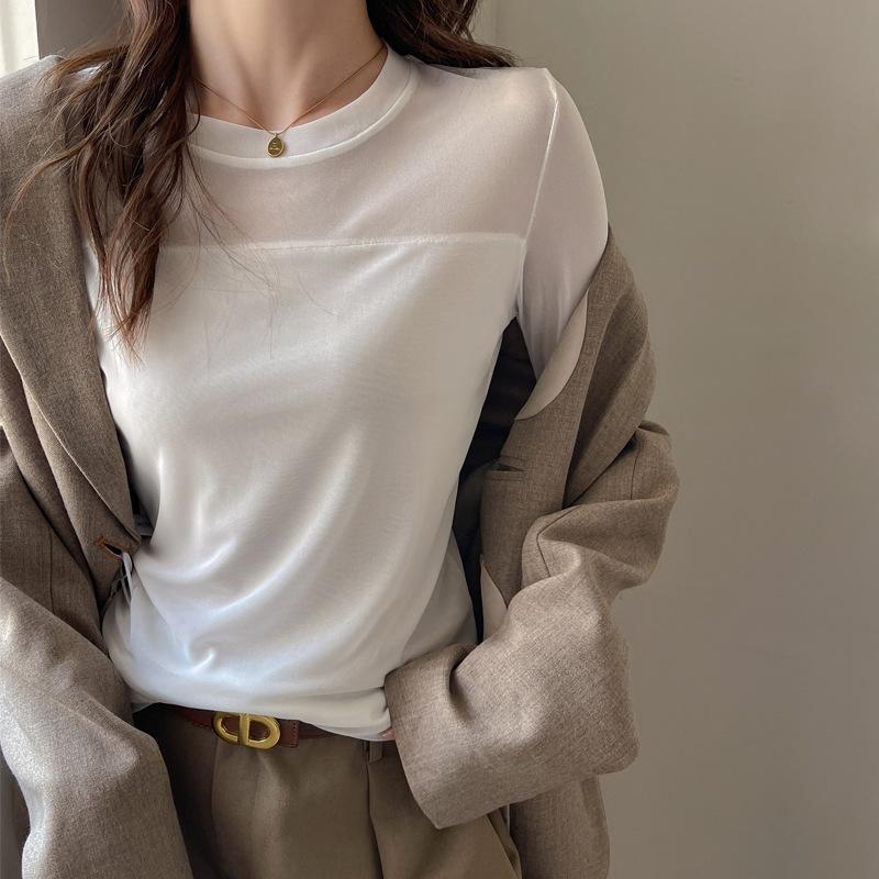 Autumn Winter Solid Mesh Patchwork T-shirt Women Round Neck Long Sleeve Casual Fashion Bottomed Tee Top