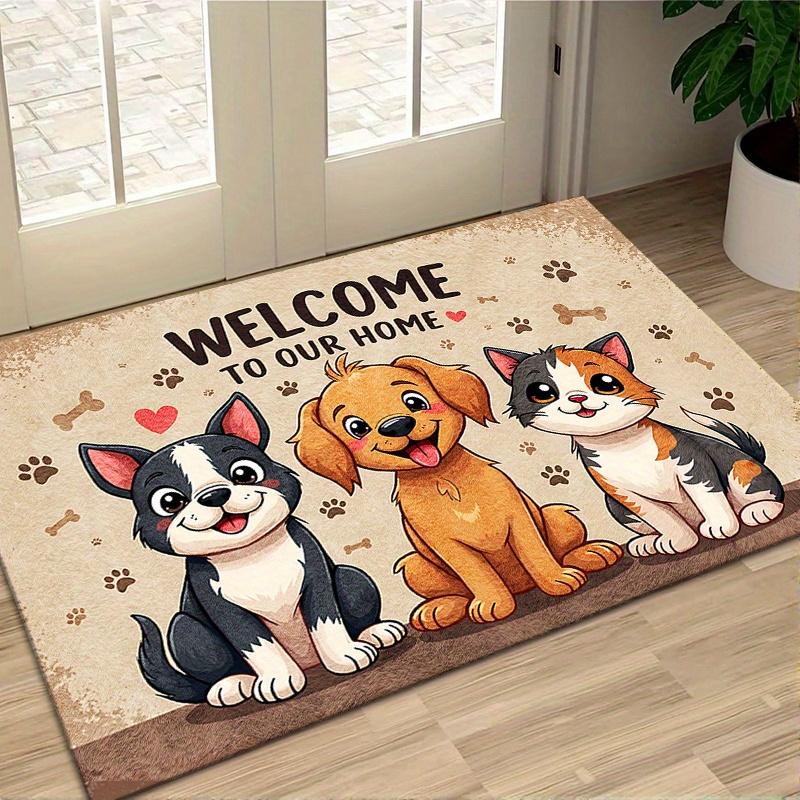 1pc Non-Slip Machine Washable Welcome Mat | Cute Cartoon Dog and Cat Design with Paw Prints and Hearts, Durable Polyester Indoor/Outdoor Entrance Mat