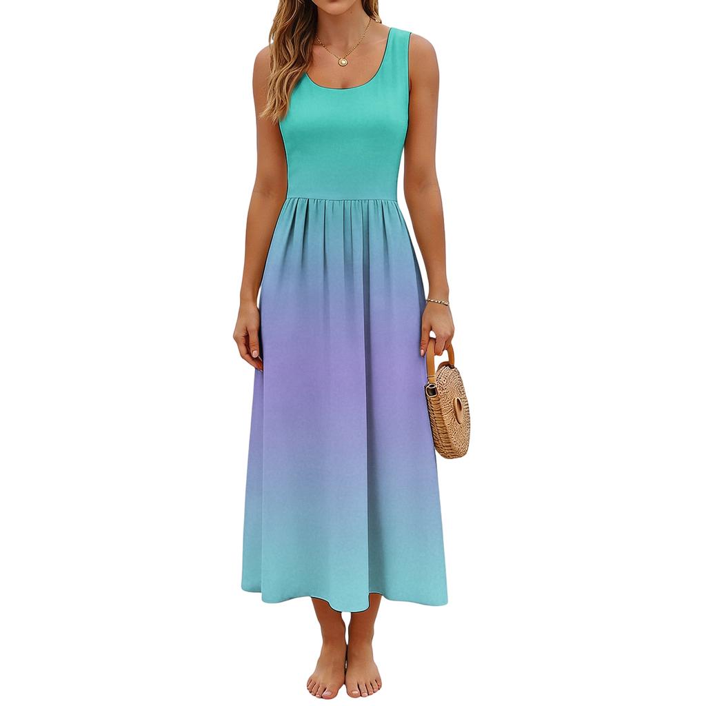 Ladies' gradient printed summer casual and fashionable sleeveless long dress