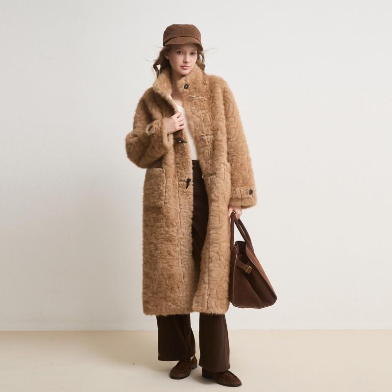 Womens Long Faux Fur Coat Stand Collar Single-Breasted Loose Fit Winter 2025
