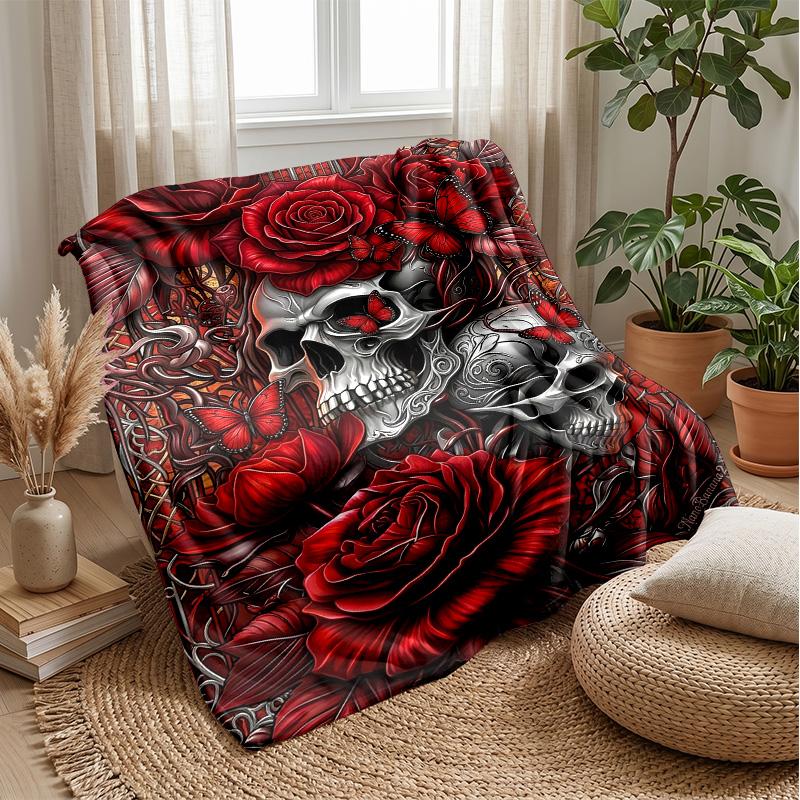 Skulls and Floral Butterflies Theme blanket Lightweight Warm Flannel Blanket Decorative Throw Blanket for Home Decoration