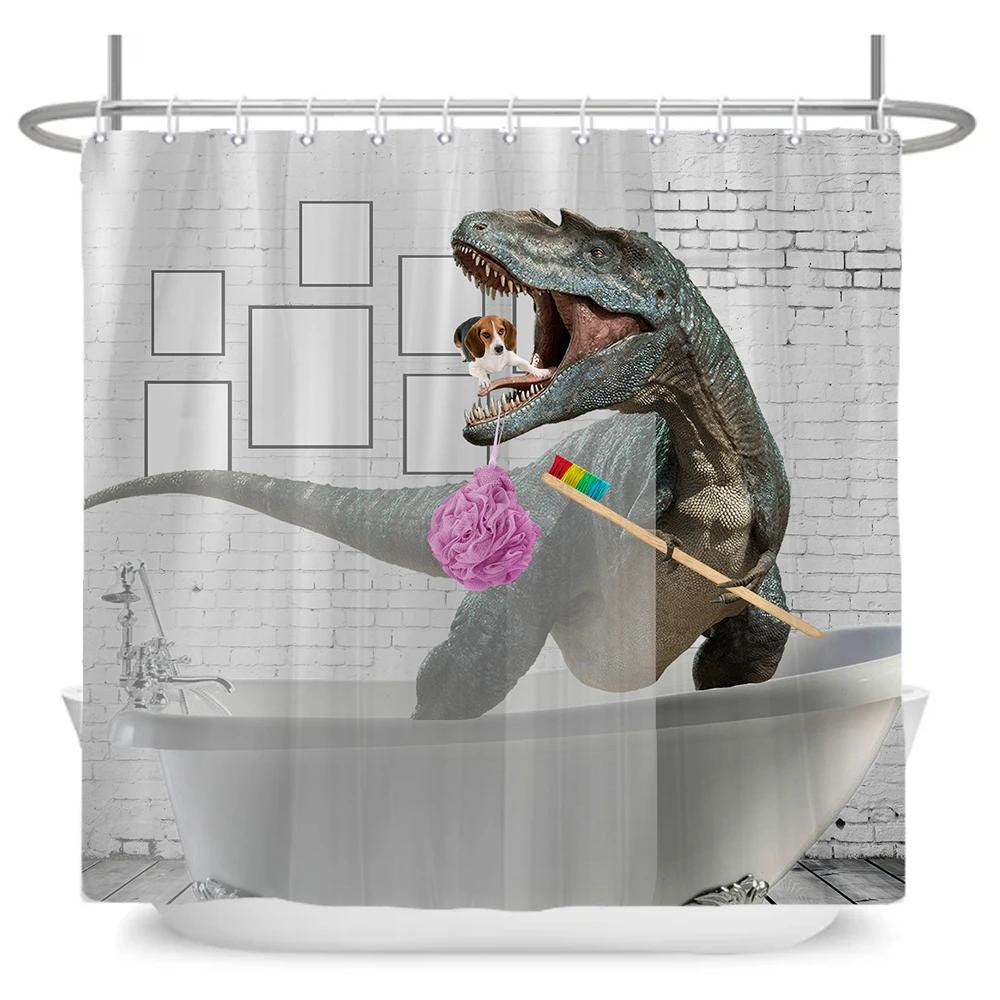 Lustige Hund Dinosaurier Duschvorhänge Cooler Katze reitet Dinosaurier Japanische Ozeanwelle Kinder Badezimmervorhang Raumdeko Mit Haken