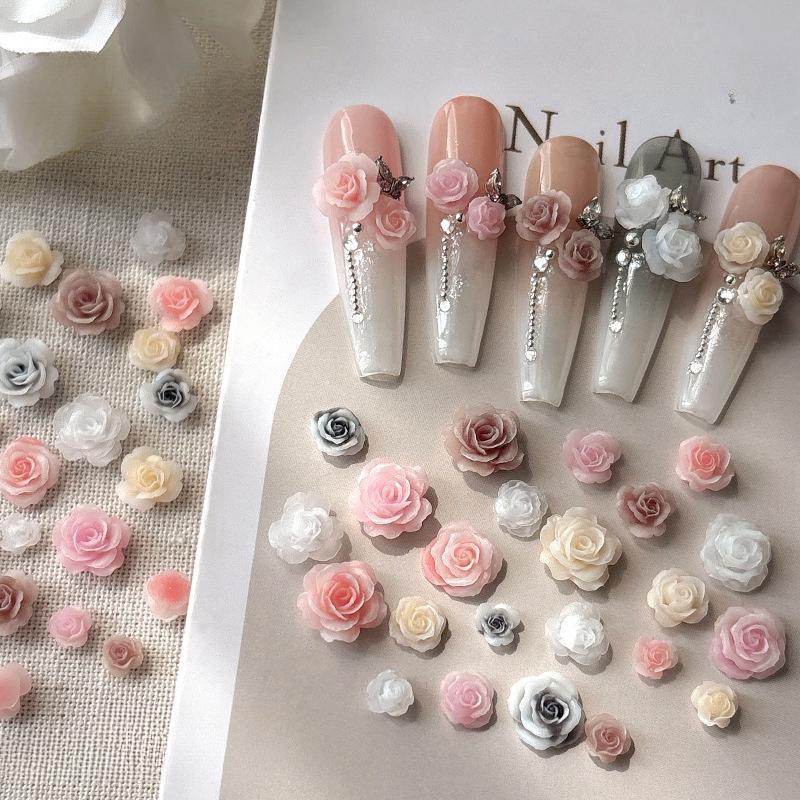 50 pezzi 3D Mix Dimensioni Bellissimi Fiori di Rosa in Fiore Resina Adesivo Nail Art Strass Decorazioni Manicure Unghie Charms