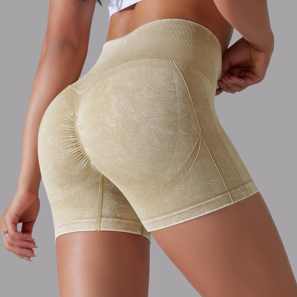 Seamless Water Washed Sports Yoga High Waist And Hip Lifting Shorts Without T-Line, High Elasticity Running Peach Hip Shorts For Women