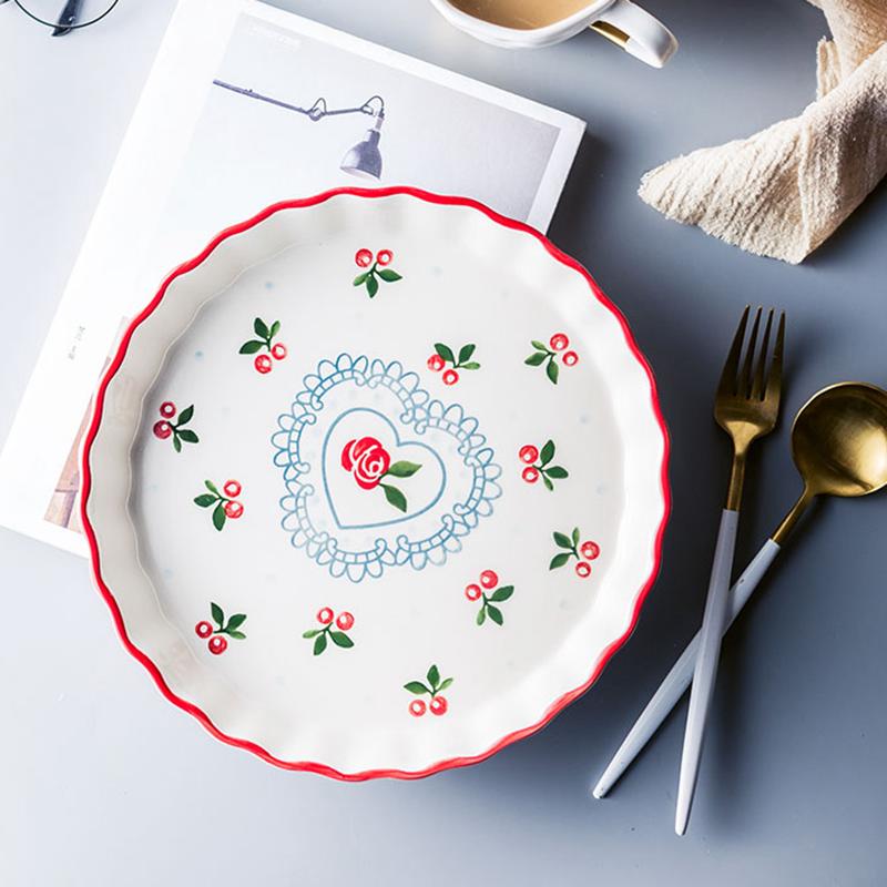 9.6 Inch Red Cherry Baking Plate Ceramic Dinner Dishes Pasta Rice Backed Plate Baking Tray Ovenware Dinner Plate