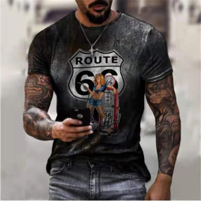 Summer Round Neck 3D Route 66 America Highway Print Top Fashionable Casual Short Sleeved Men's T-shirts
