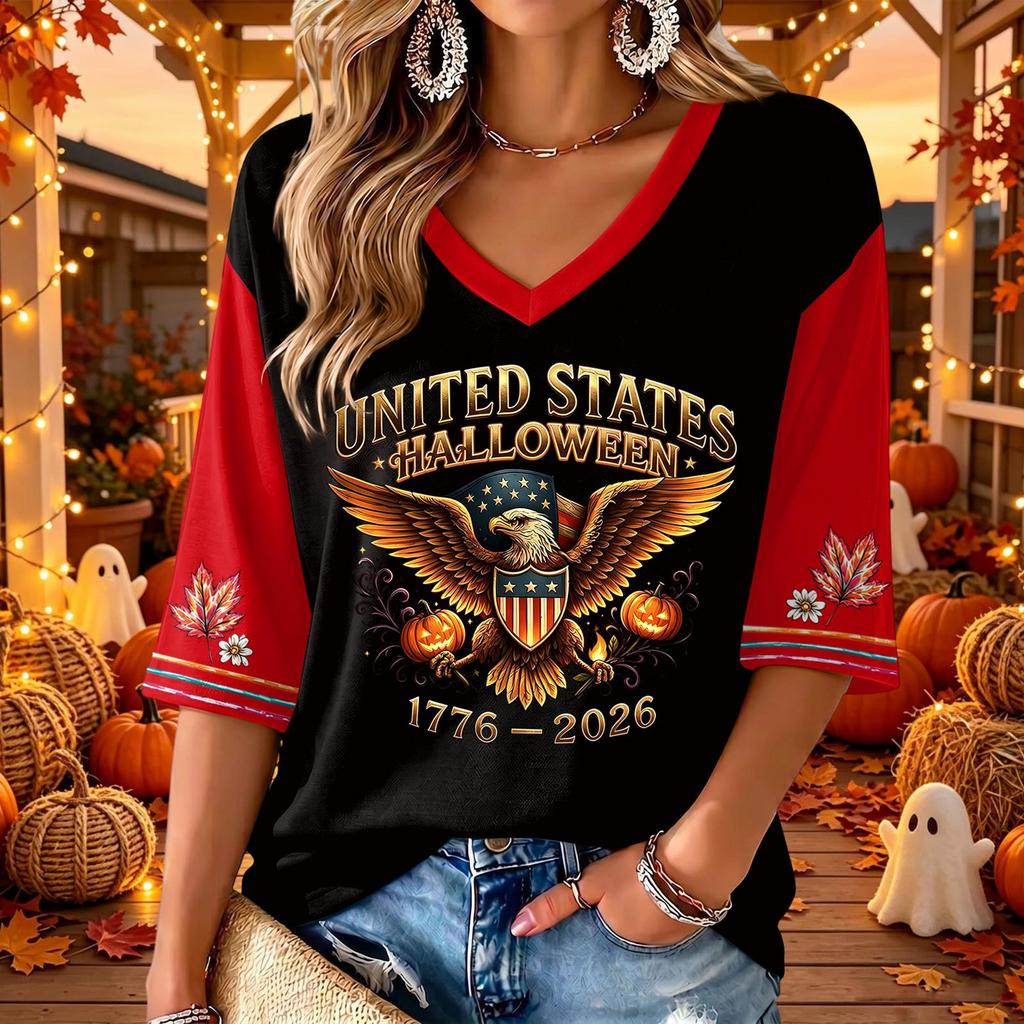Women's Casual V-Neck Halloween Print Three-Quarter Sleeve Top