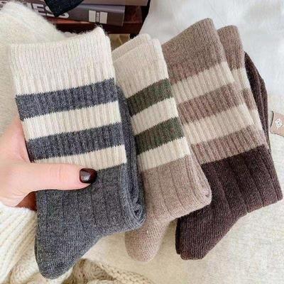 Women's Mid-Tube Striped Socks - Warm, Thick, Retro Japanese Forest Style for Spring and Autumn