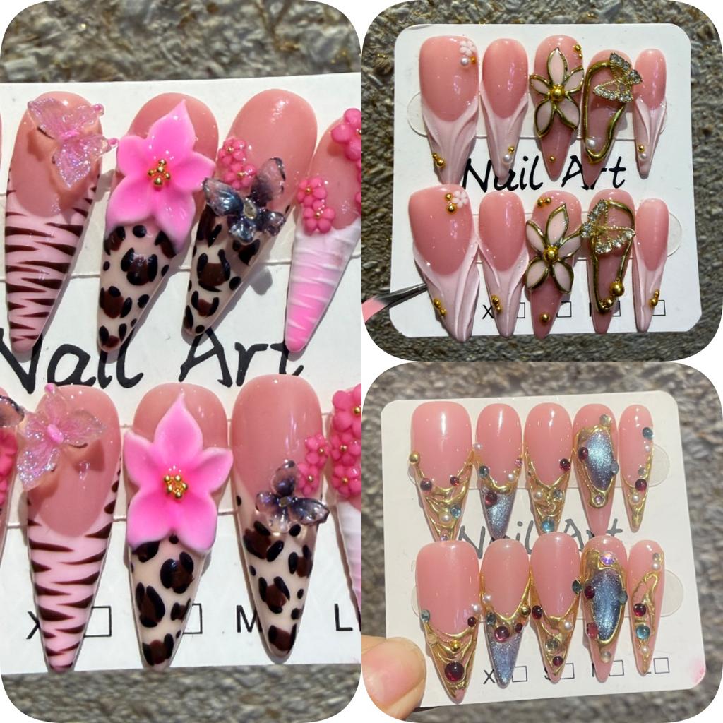 10Pcs Leopard Print Long Stiletto False Nails Full Cover Butterfly Flower Decor Press On Nails