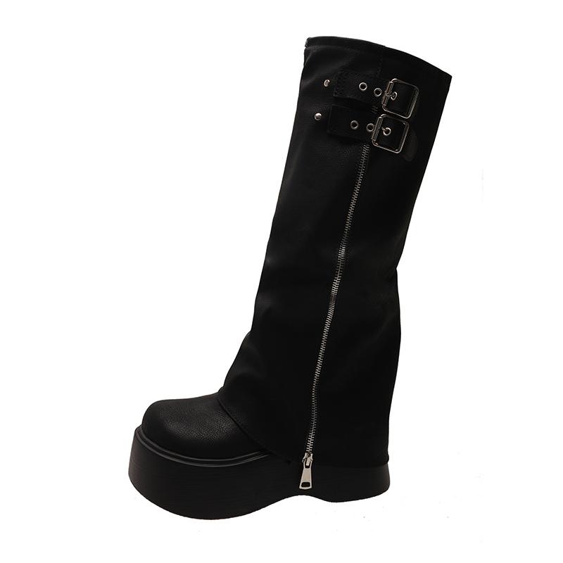 Mode Mode Bottes Mi-Mollet à Boucle pour Femmes Décoration Grande Fermeture Éclair Compensées Bottes à Plateforme Chaussures d'Automne pour Femmes en Faux Cuir